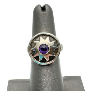 Vintage Sterling Silver 925 Amethyst Ring Sun Celestial Signed LM Boho Size 6.75